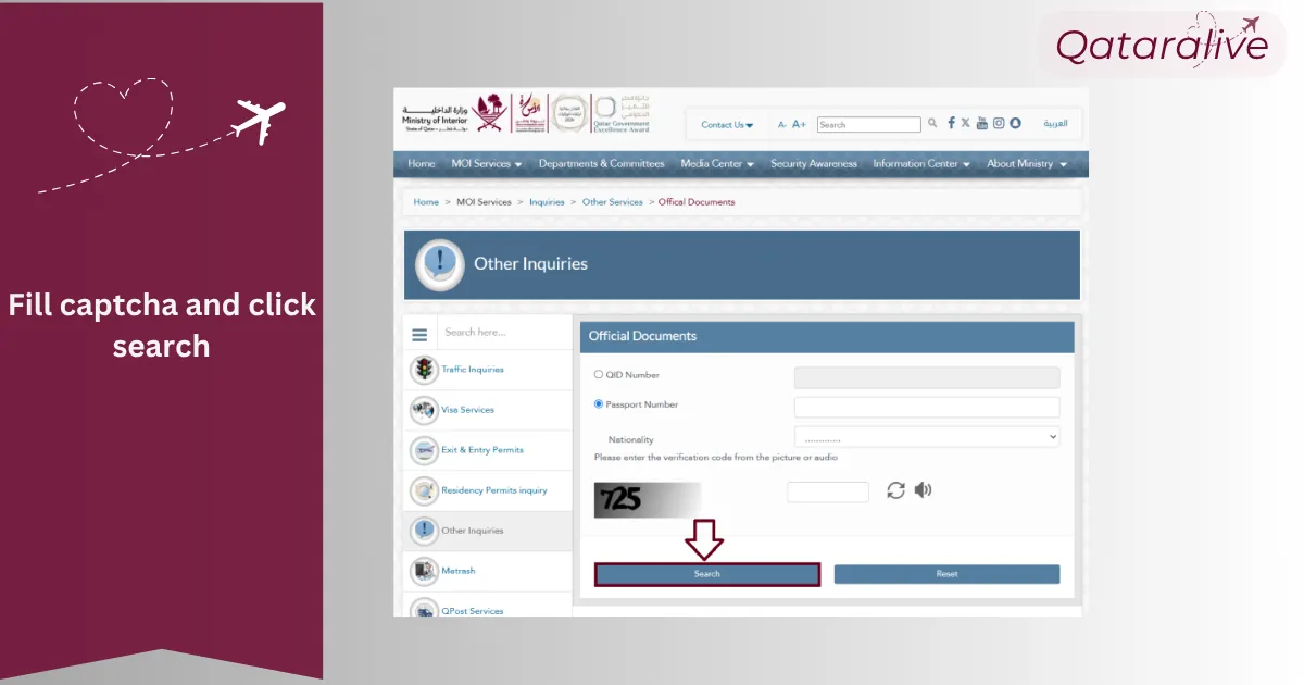 How to Check MOI Qatar ID Status 9 Fill the captcha and click search