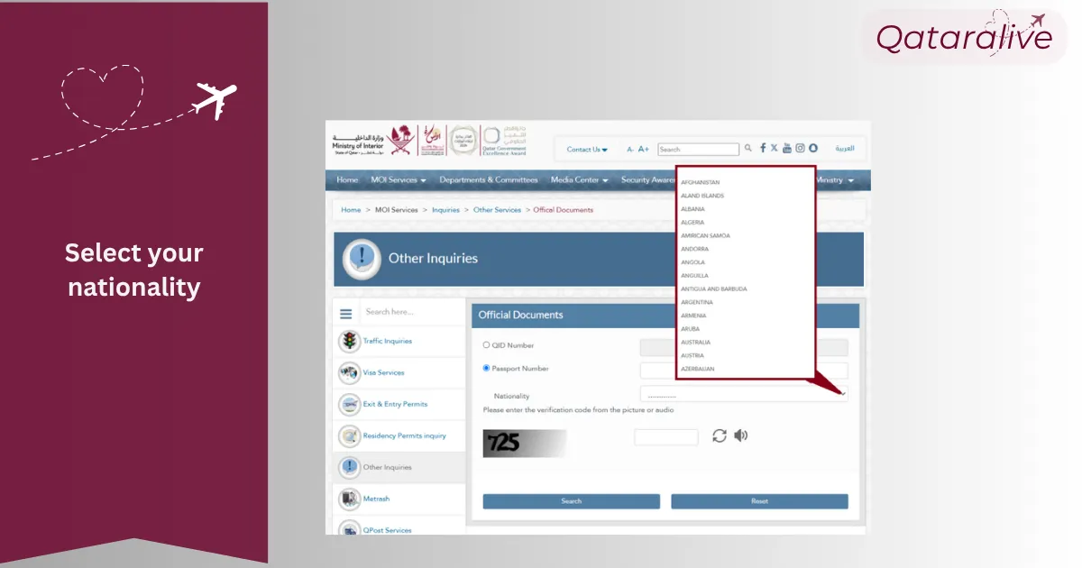 How to Check MOI Qatar ID Status 8 Select your nationality