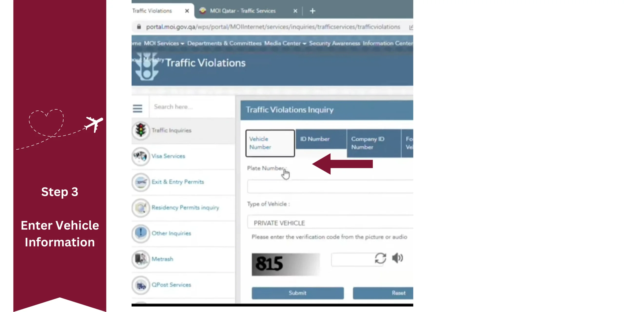 Enter Vehicle information in the area for MOI violation Check