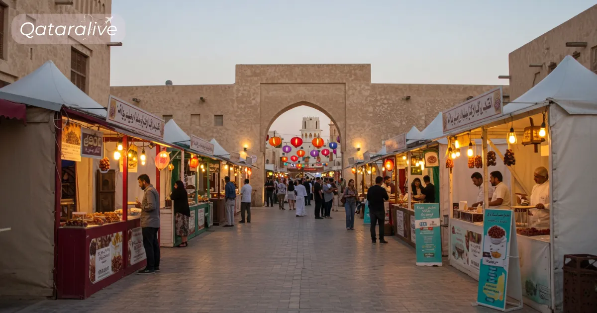 10th Local Dates Festival Souq Waqif, Qatar 2025 (Guide) 3 Souq Waqif festival entrance arch with lanterns and date stalls at dusk