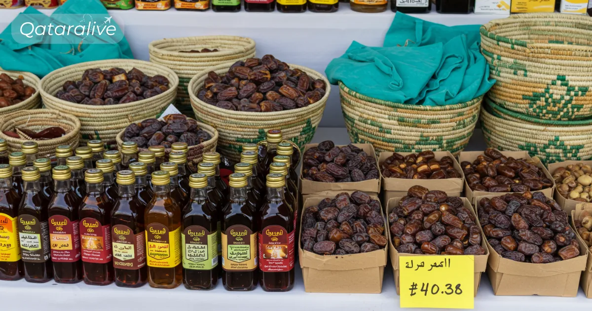 10th Local Dates Festival Souq Waqif, Qatar 2025 (Guide) 4 date syrup bottles and palm-leaf baskets on artisanal market table. Qataralive