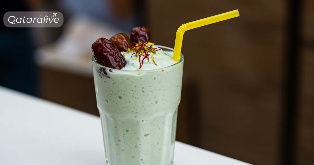 10th Local Dates Festival Souq Waqif, Qatar 2025 (Guide) 5 date-infused lassi garnished with saffron strands and dates” at Date festival Qatar