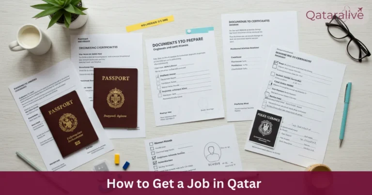 Applicant at medical center desk with fingerprint scanner for medical and biometric process Qatar-ready CV next to smartphone showing LinkedIn profile set to get Job in Qatar