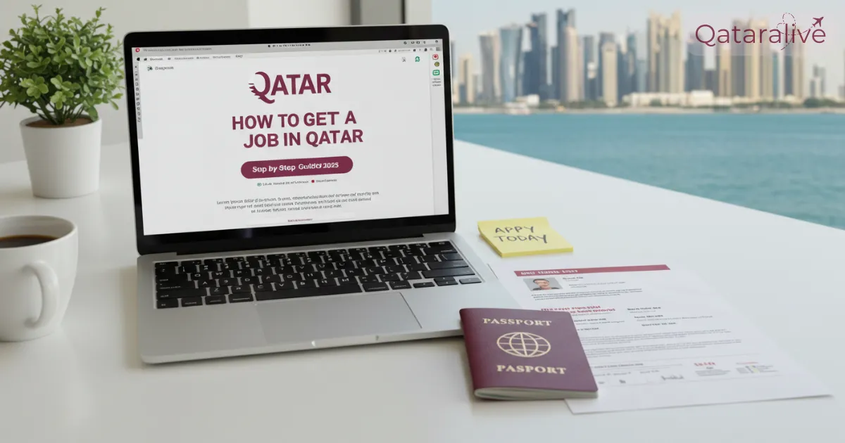Workspace with laptop showing a Qatar job portal, CV and passport with headline How to Get a Job in Qatar