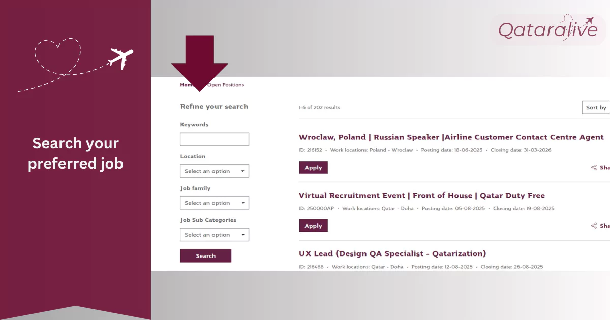 Search your job at Qatar Airways portal. Qataralive.com