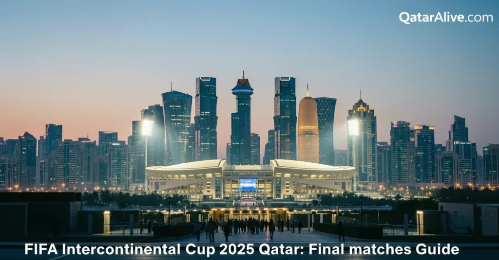 Doha at dusk with stadium lights for FIFA Intercontinental Cup 2025 Qatar