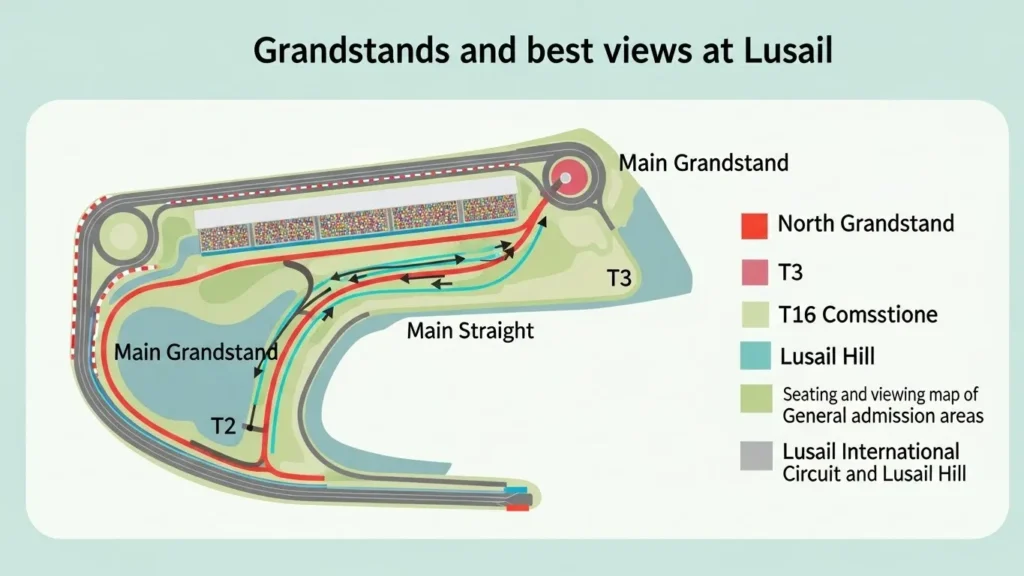 Formula 1 Qatar Airways Qatar Grand Prix 2025 | Guide 3 Seating and viewing map of Lusail International Circuit grandstands and Lusail Hill