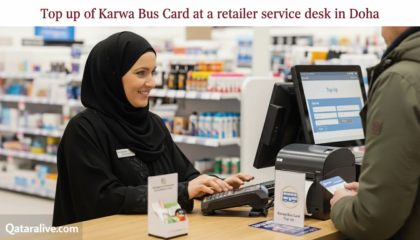 How to Recharge Karwa Bus Card: App, Ooredoo, Machines 4 Top up at a retailer service desk in Doha Qatar