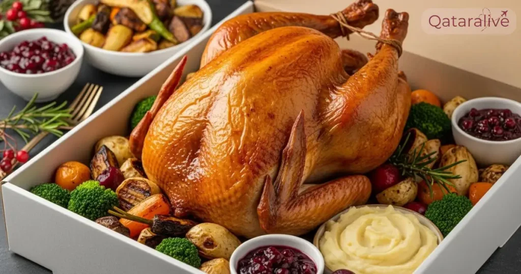 A gourmet festive turkey takeaway meal prepared by a luxury hotel in Doha