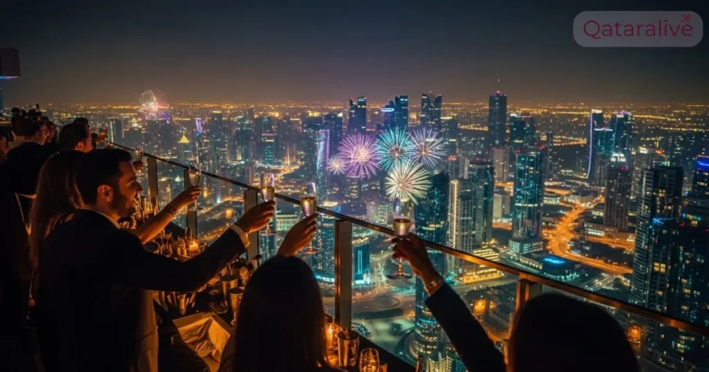 Sophisticated New Year's Eve rooftop party with Doha West Bay skyline views