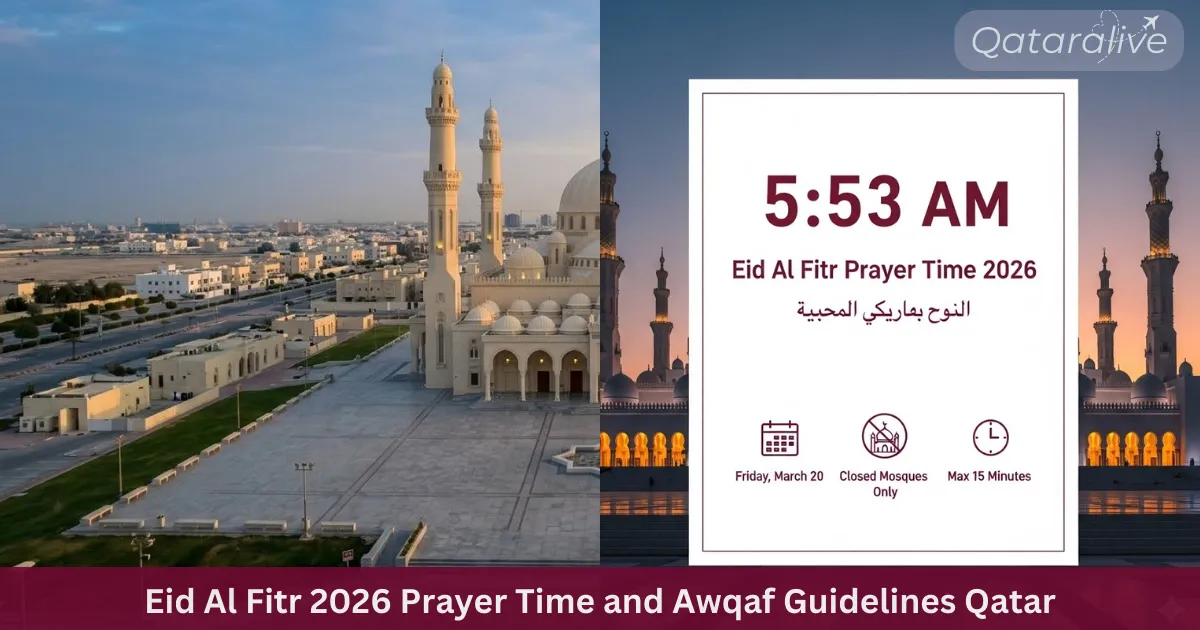 Eid Al Fitr 2026 prayer time Qatar 5:53 AM Friday March 20 closed mosques Awqaf confirmed