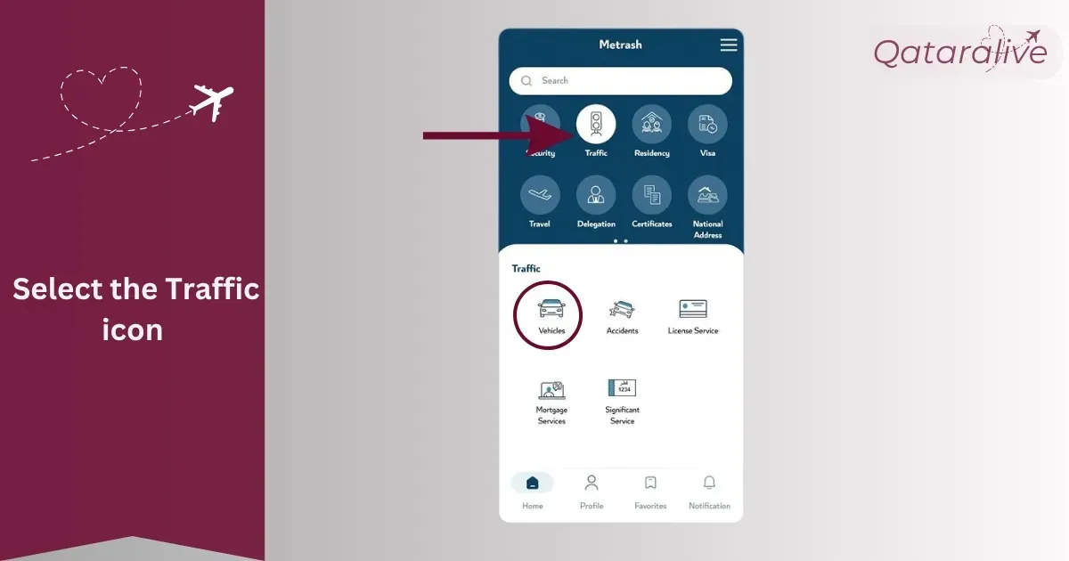 Select the Traffic icon in Metrash app to transfer vehicle ownership in qatar