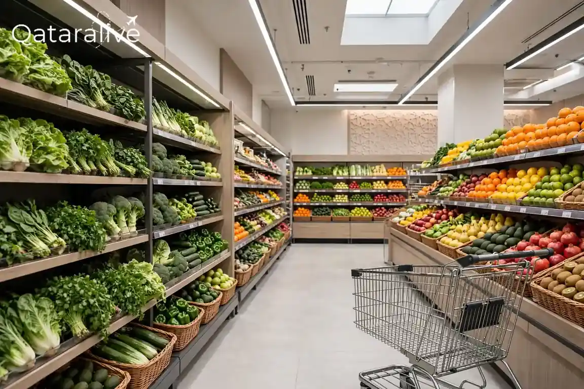 Supermarket aisle with fresh produce and a shopping cart in Doha