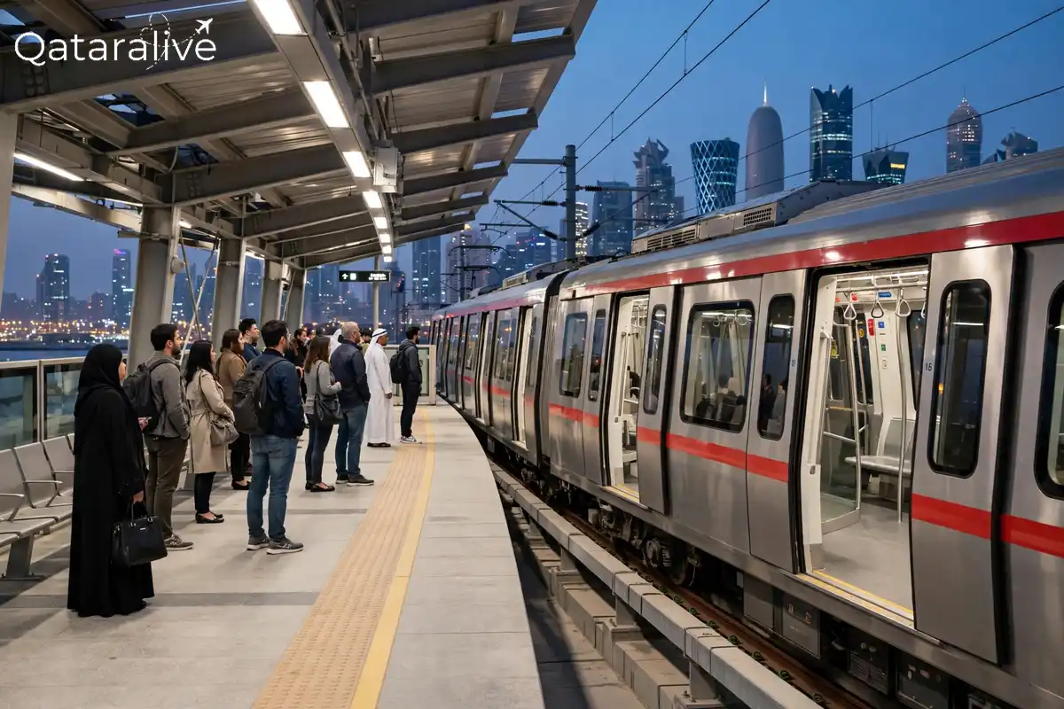 Free Fireworks and Drone Show at DECC Doha on 21 October 2026 3 Doha Metro train at a station platform on the Red Line serving DECC station in West Bay