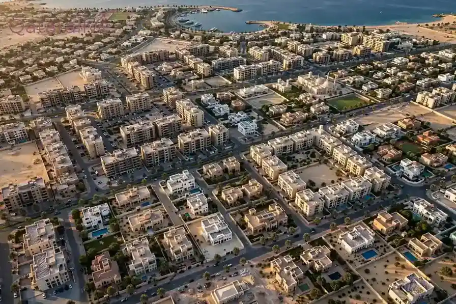 Aerial view of residential neighborhoods and apartment buildings in Doha