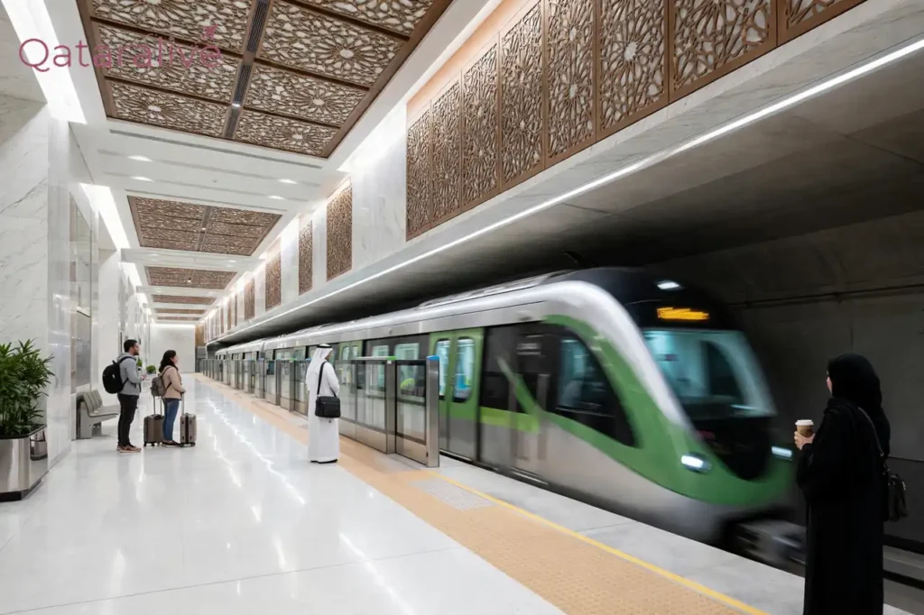 Doha Metro train arriving at a modern station platform
