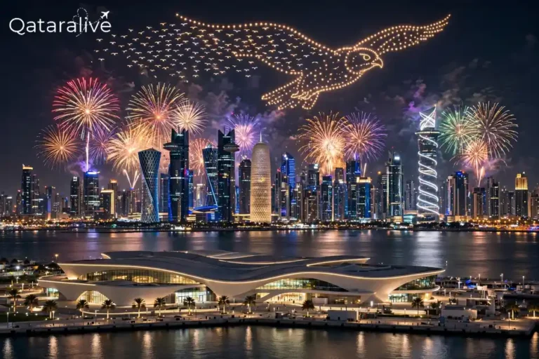 Free Fireworks and Drone Show at DECC Doha on 21 October 2026 9 Fireworks and drone show over DECC and the West Bay skyline in Doha at night