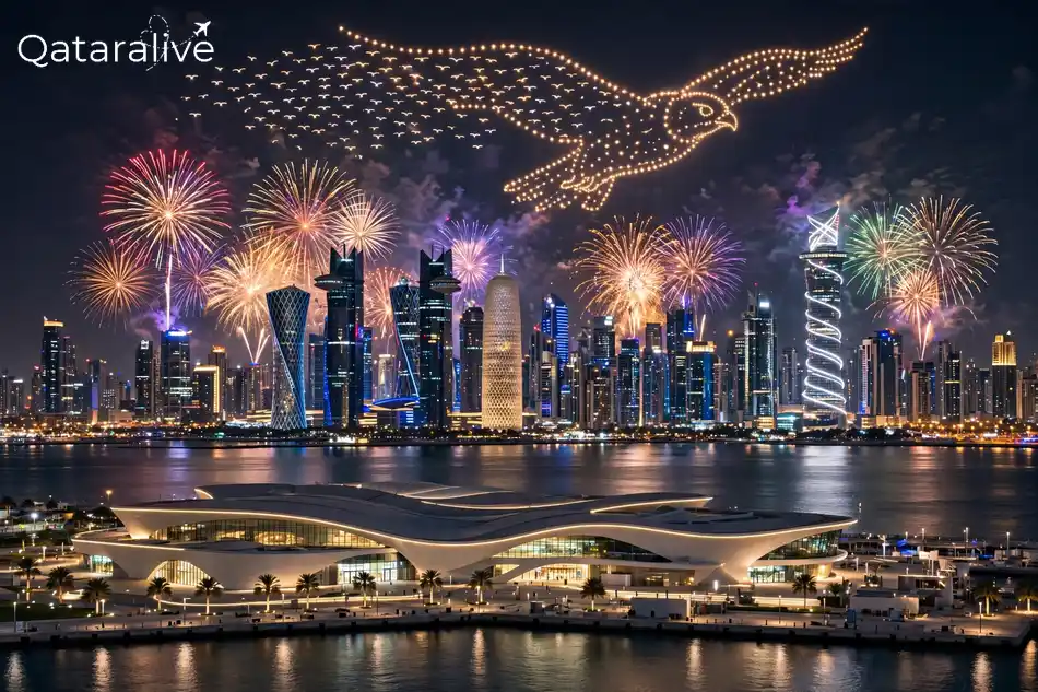 Fireworks and drone show over DECC and the West Bay skyline in Doha at night