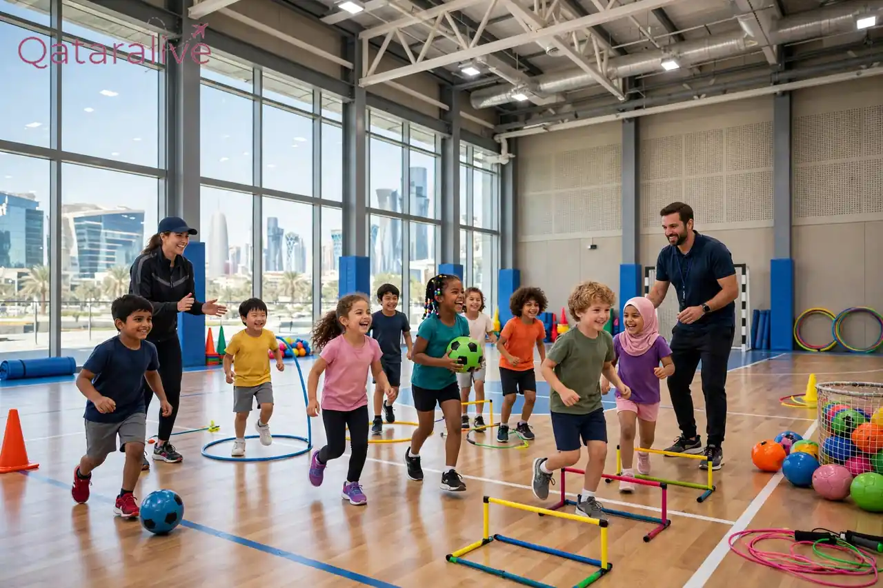 Mid-Term Break Camps in Qatar 2026: Prices, Ages and Timings Compared 1 Children playing football and games at a mid-term break holiday camp in Doha
