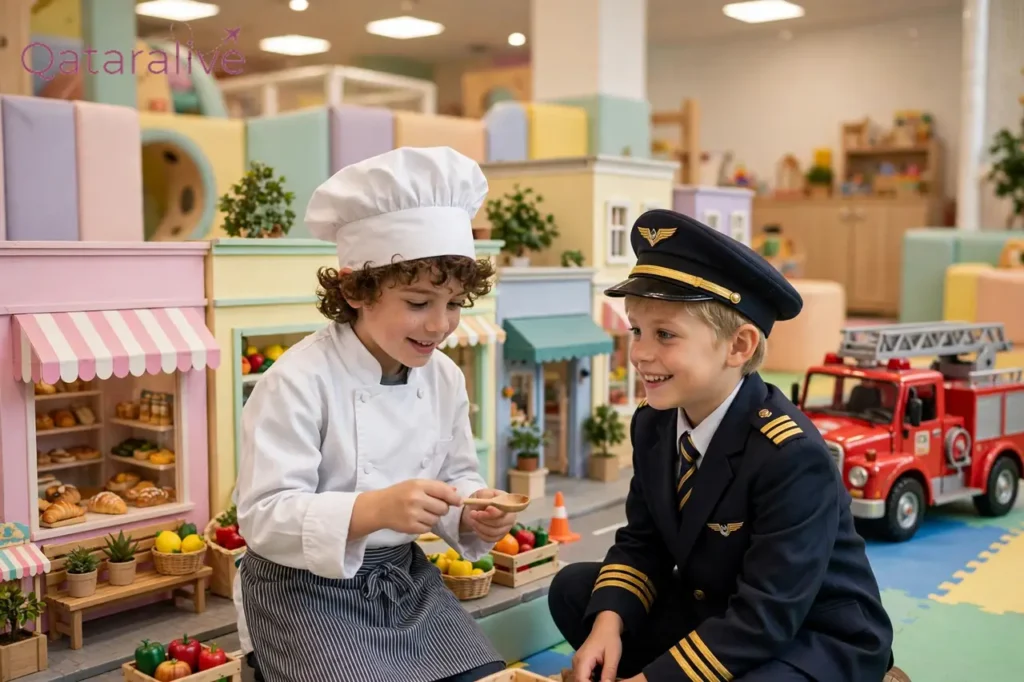 Mid-Term Break Camps in Qatar 2026: Prices, Ages and Timings Compared 3 Children role-playing jobs in a miniature city at a kids camp in Qatar
