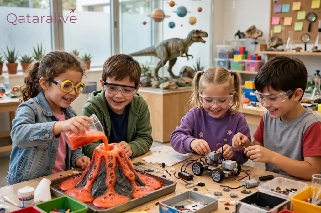 Mid-Term Break Camps in Qatar 2026: Prices, Ages and Timings Compared 4 Children doing a science experiment at a museum holiday camp in Doha