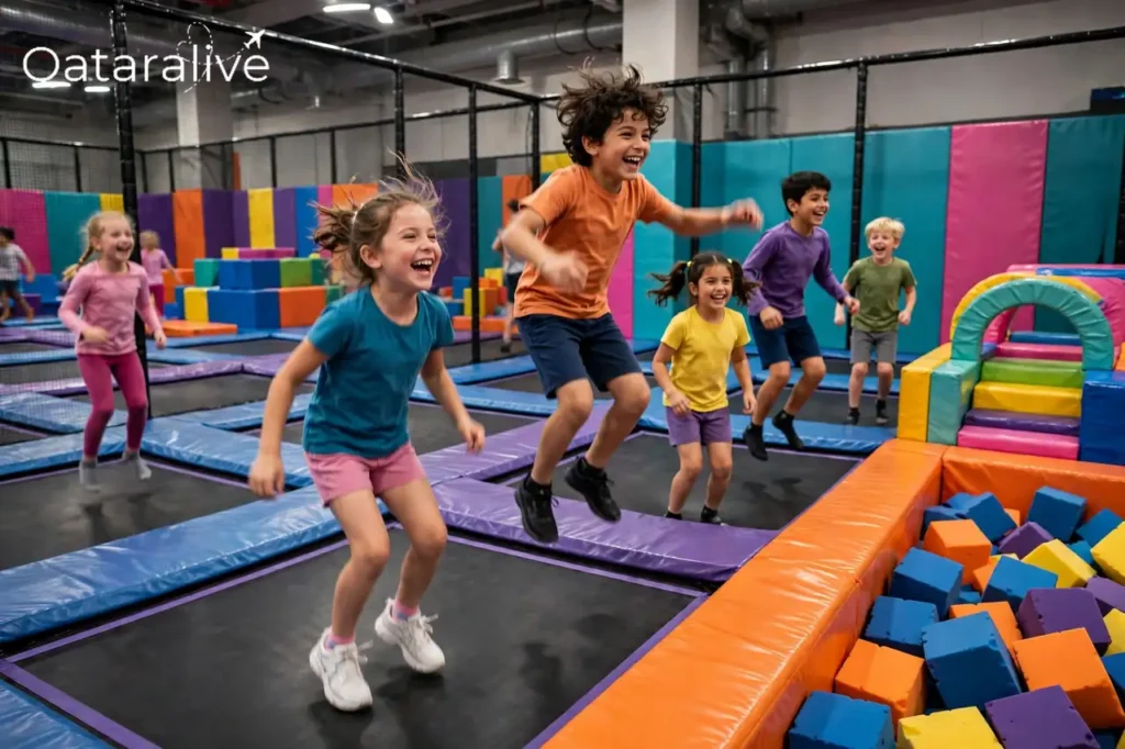 Mid-Term Break Camps in Qatar 2026: Prices, Ages and Timings Compared 2 Children bouncing on trampolines at an indoor trampoline park camp in Doha