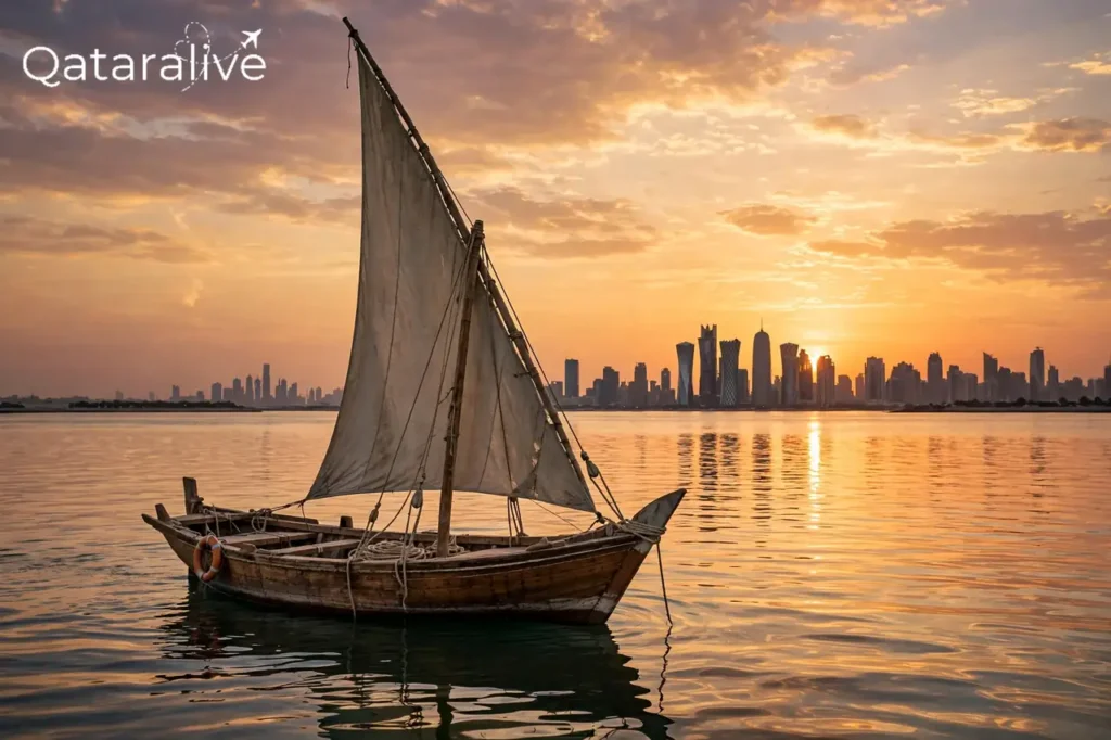 Traditional wooden dhow sailing at sunset with the Doha skyline behind
