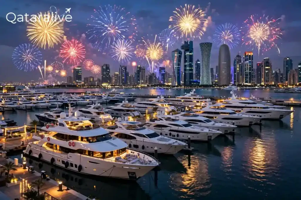 Fireworks over the marina at the Qatar Boat Show with luxury yachts docked below