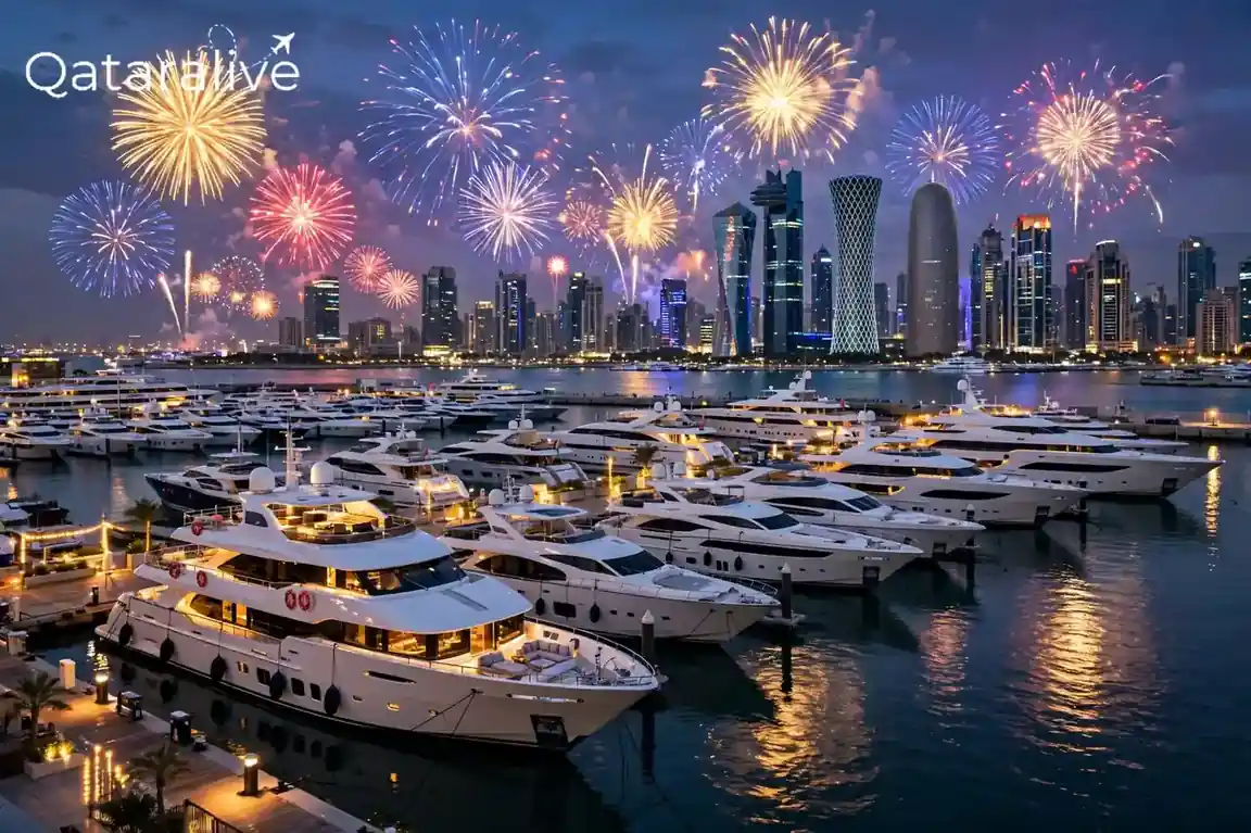 Fireworks over the marina at the Qatar Boat Show with luxury yachts docked below