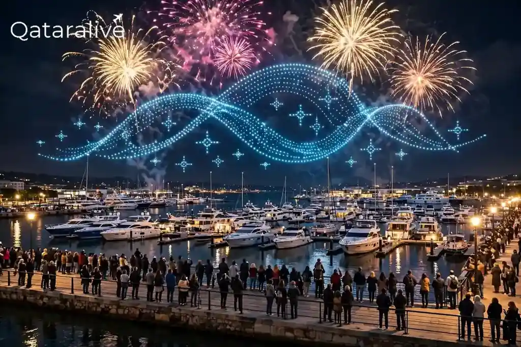 Fireworks and a drone light show over the marina during the Qatar Boat Show