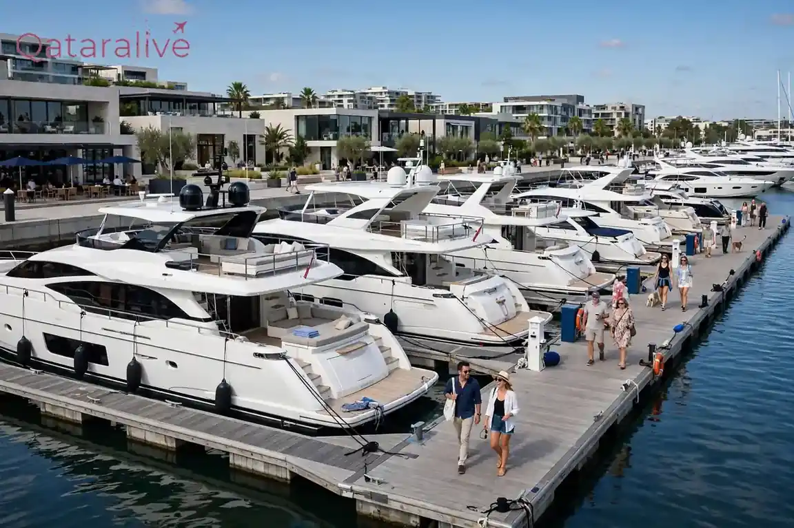 Luxury yachts moored along the marina pontoons at Old Doha Port
