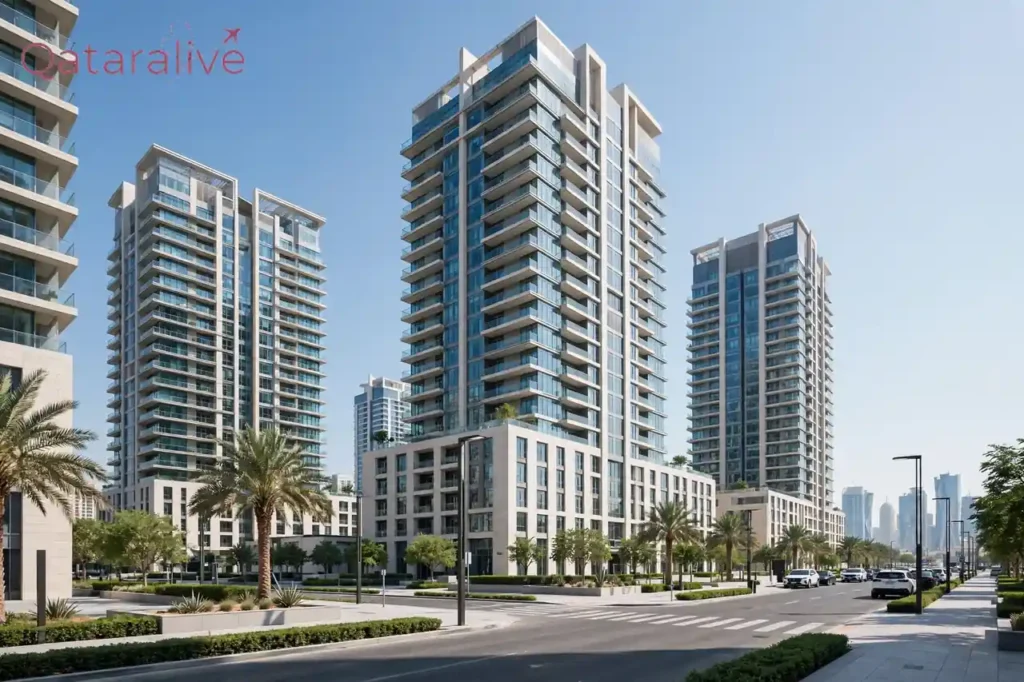 Doha residential apartment towers under a clear blue sky