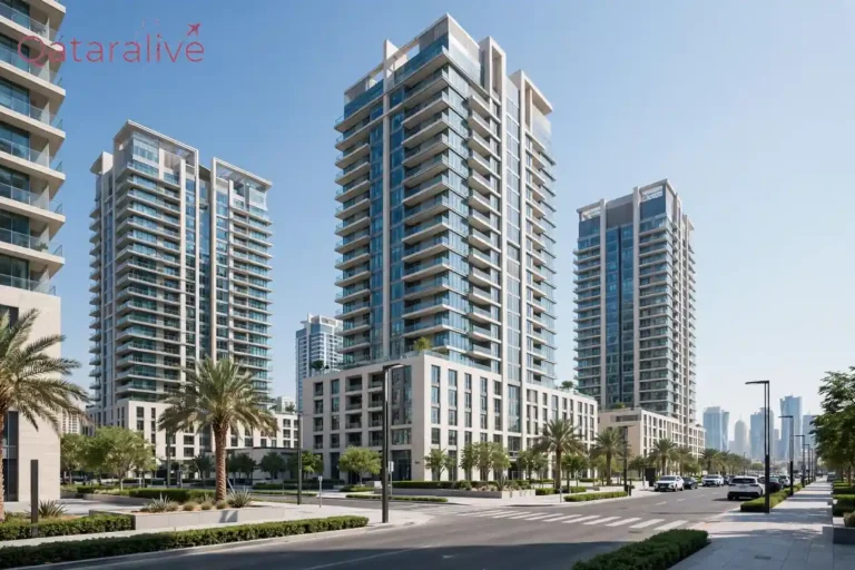 Doha residential apartment towers under a clear blue sky