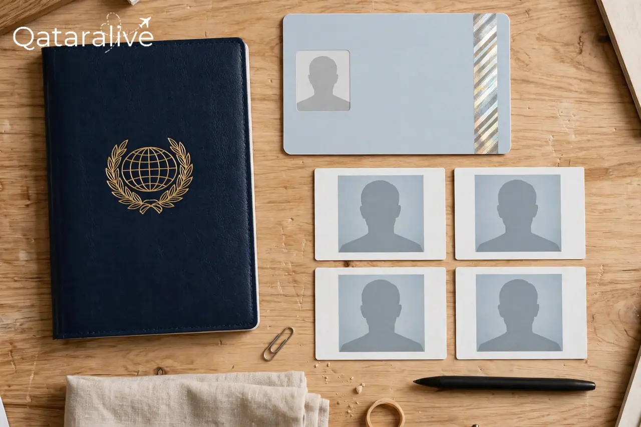 Passport, ID card and photos ready for a Qatar Police Clearance Certificate application