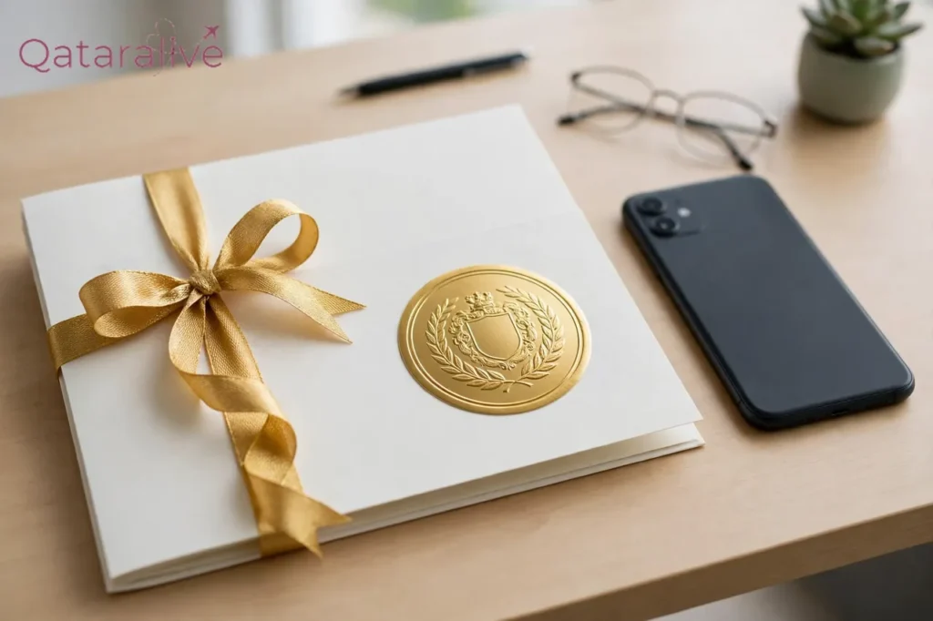 Qatar Police Clearance Certificate: Get Your PCC Online in 2026 1 Official certificate with a seal next to a smartphone for the Qatar Police Clearance Certificate guide