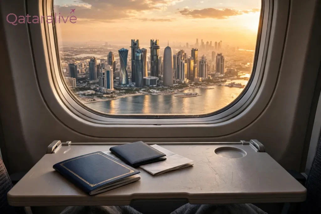 Doha skyline seen from an airplane window for applicants applying from abroad