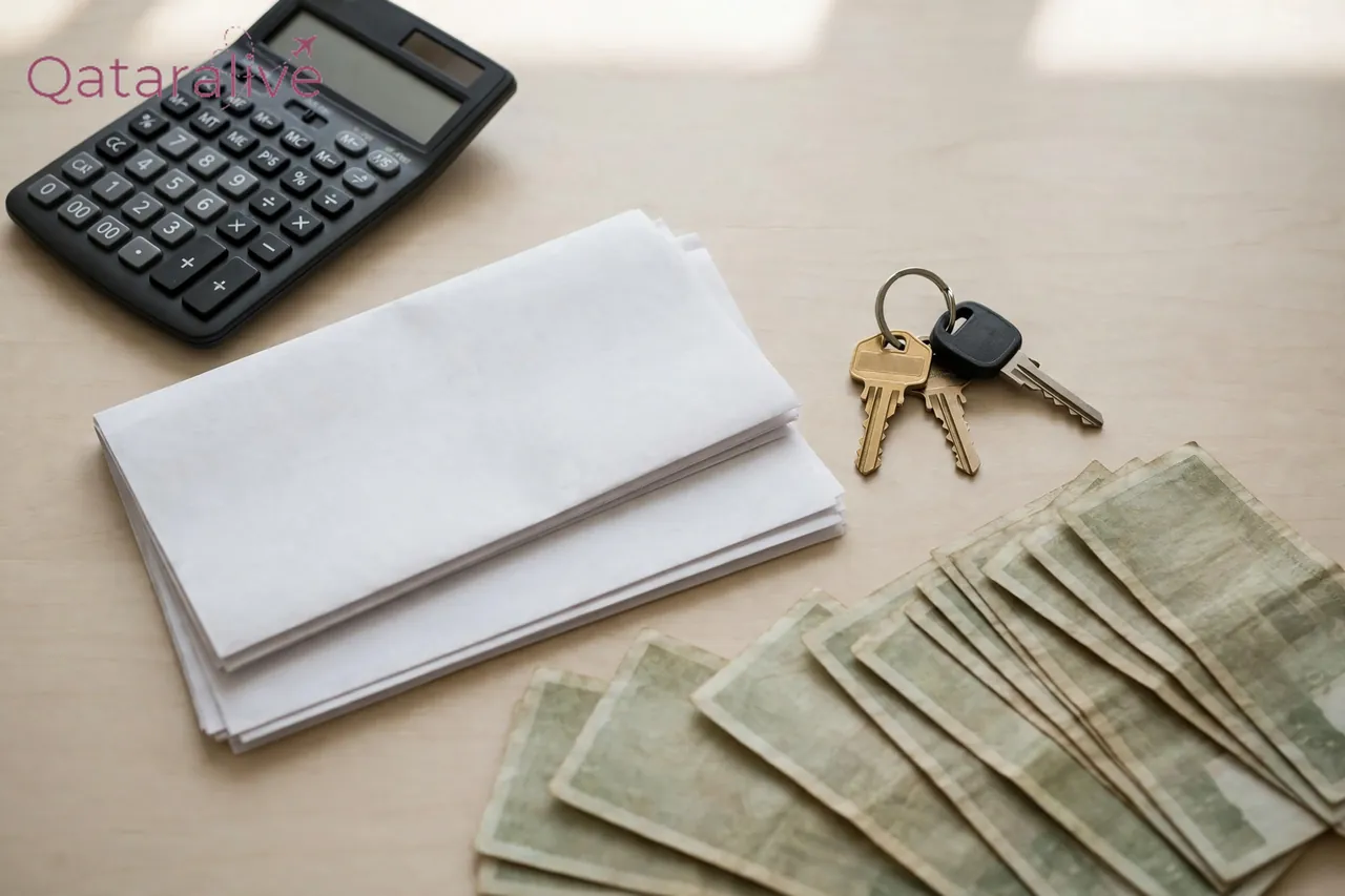 Qatar Rental Law 2026: QR250 Lease Registration Fee, Rules & Tenant Rights 3 Calculator, lease documents and keys on a desk for working out rental deposits and fees in Qatar