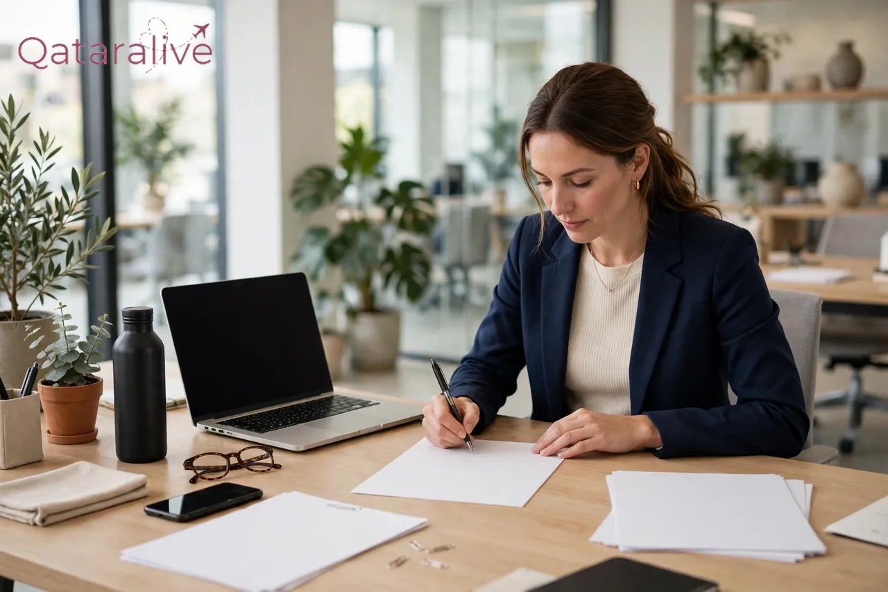 Qatar Rental Law 2026: QR250 Lease Registration Fee, Rules & Tenant Rights 2 Signing a lease contract at a desk with a laptop before registering it on Tawtheeq in Qatar