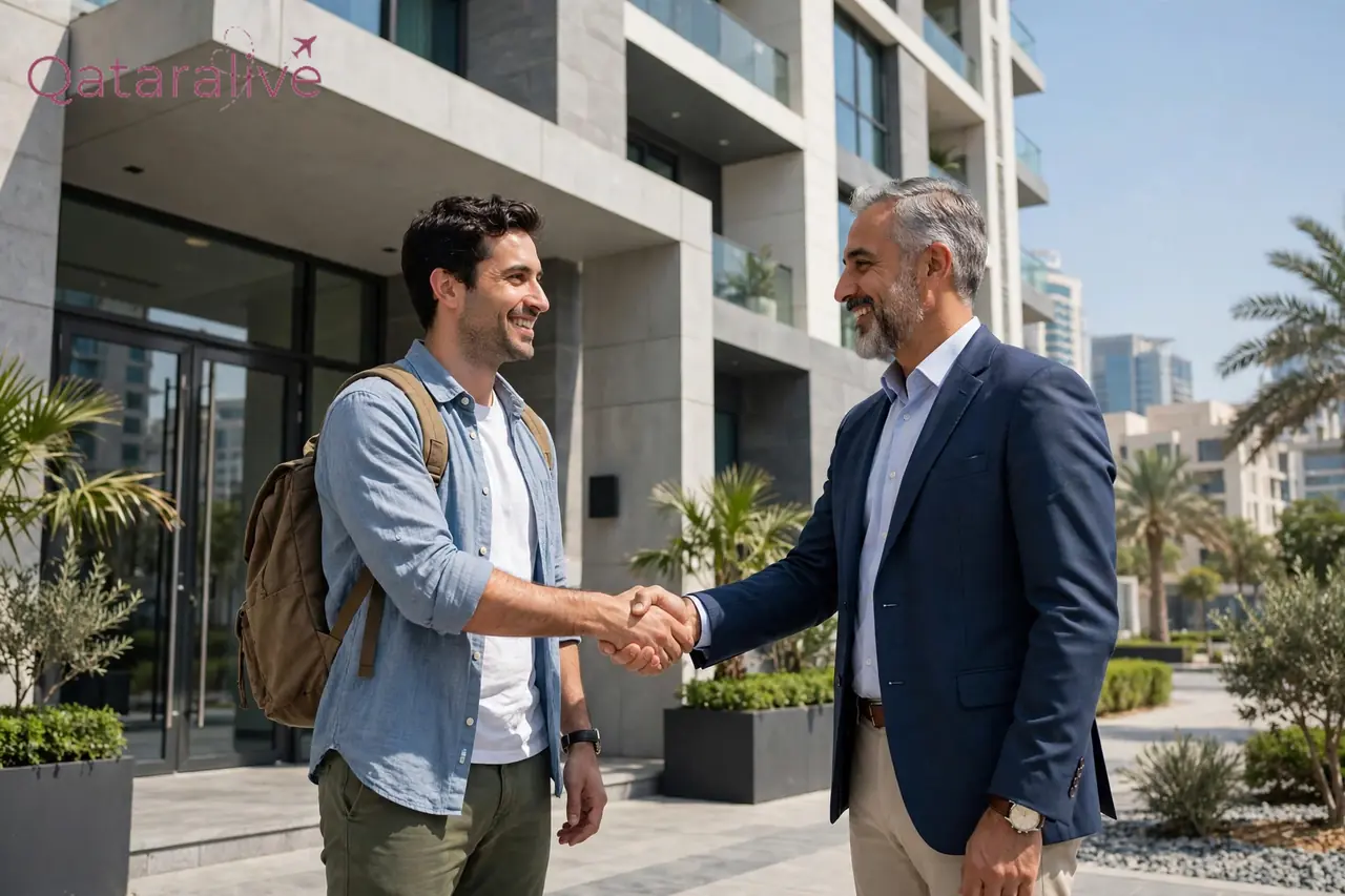 Qatar Rental Law 2026: QR250 Lease Registration Fee, Rules & Tenant Rights 4 Tenant and landlord shaking hands in front of an apartment building in Doha