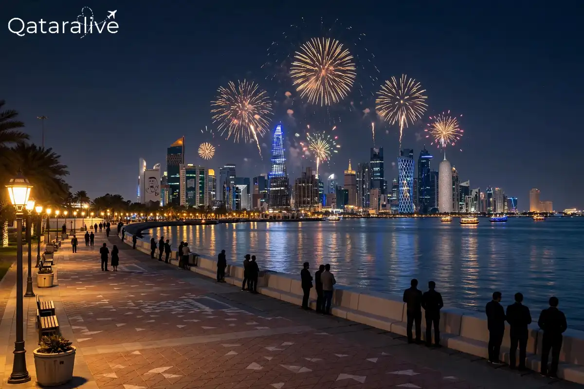 Free Fireworks and Drone Show at DECC Doha on 21 October 2026 2 Fireworks over the West Bay skyline in Doha seen from the Corniche promenade at night